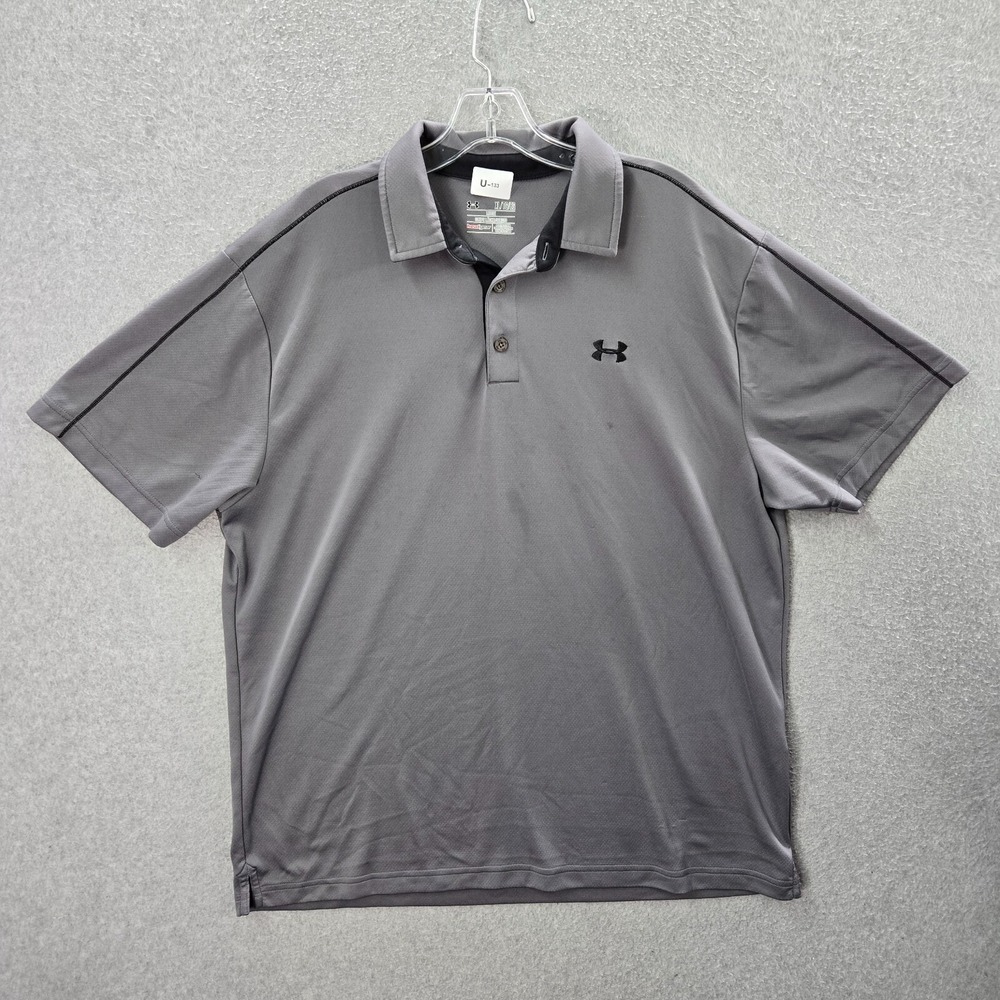 Under Armour Men Polo Shirt XL Gray Loose Fit Heatgear Collar Short Sleeve READ